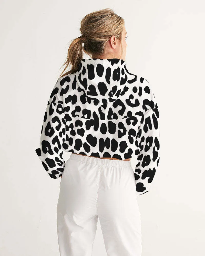 Uniquely You Women's Cropped Windbreaker Jacket - Black/White Leopard Print