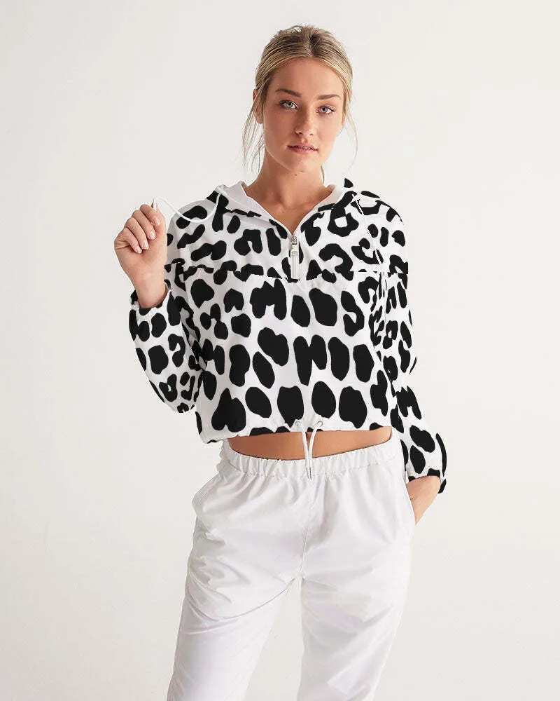 Uniquely You Women's Cropped Windbreaker Jacket - Black/White Leopard Print