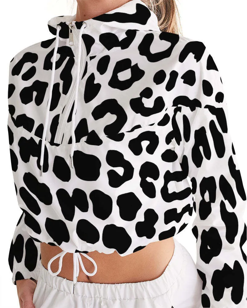 Uniquely You Women's Cropped Windbreaker Jacket - Black/White Leopard Print