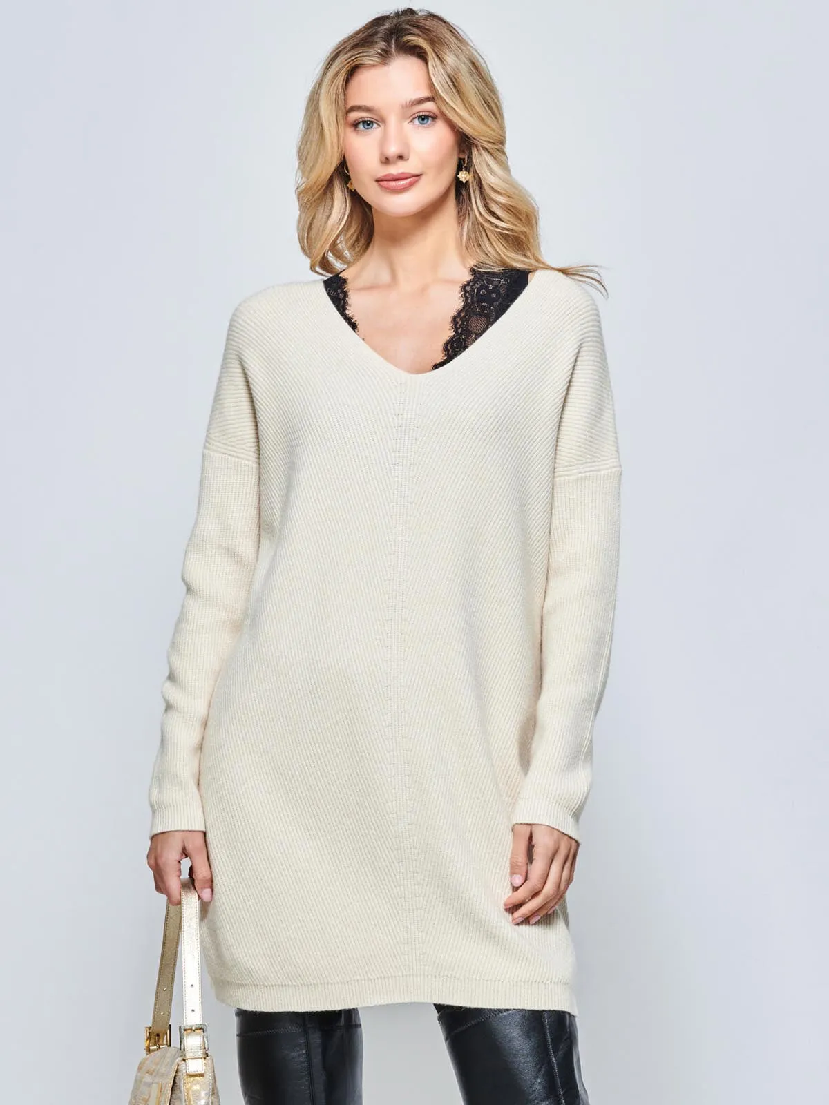 V-Neck Ribbed Knit Tunic Jumper, Beige Heather