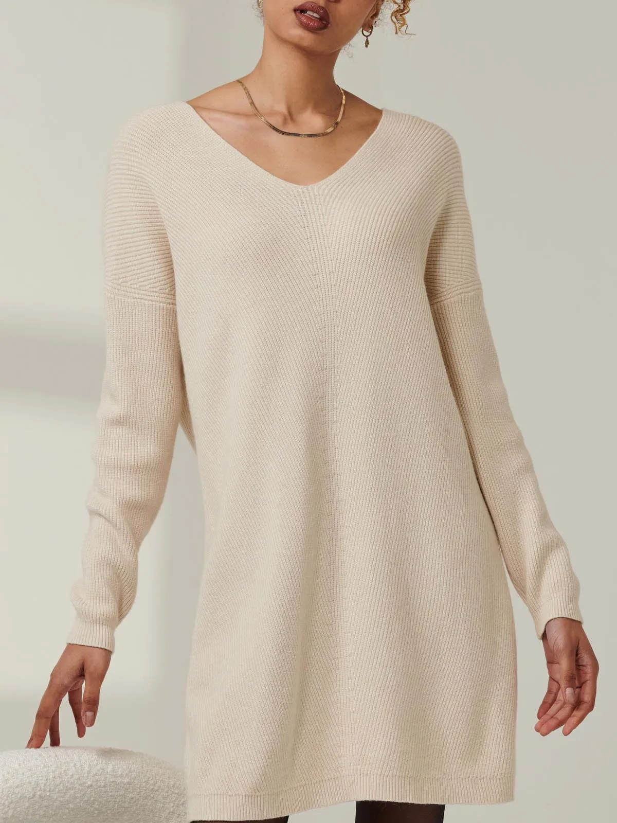 V-Neck Ribbed Knit Tunic Jumper, Beige Heather