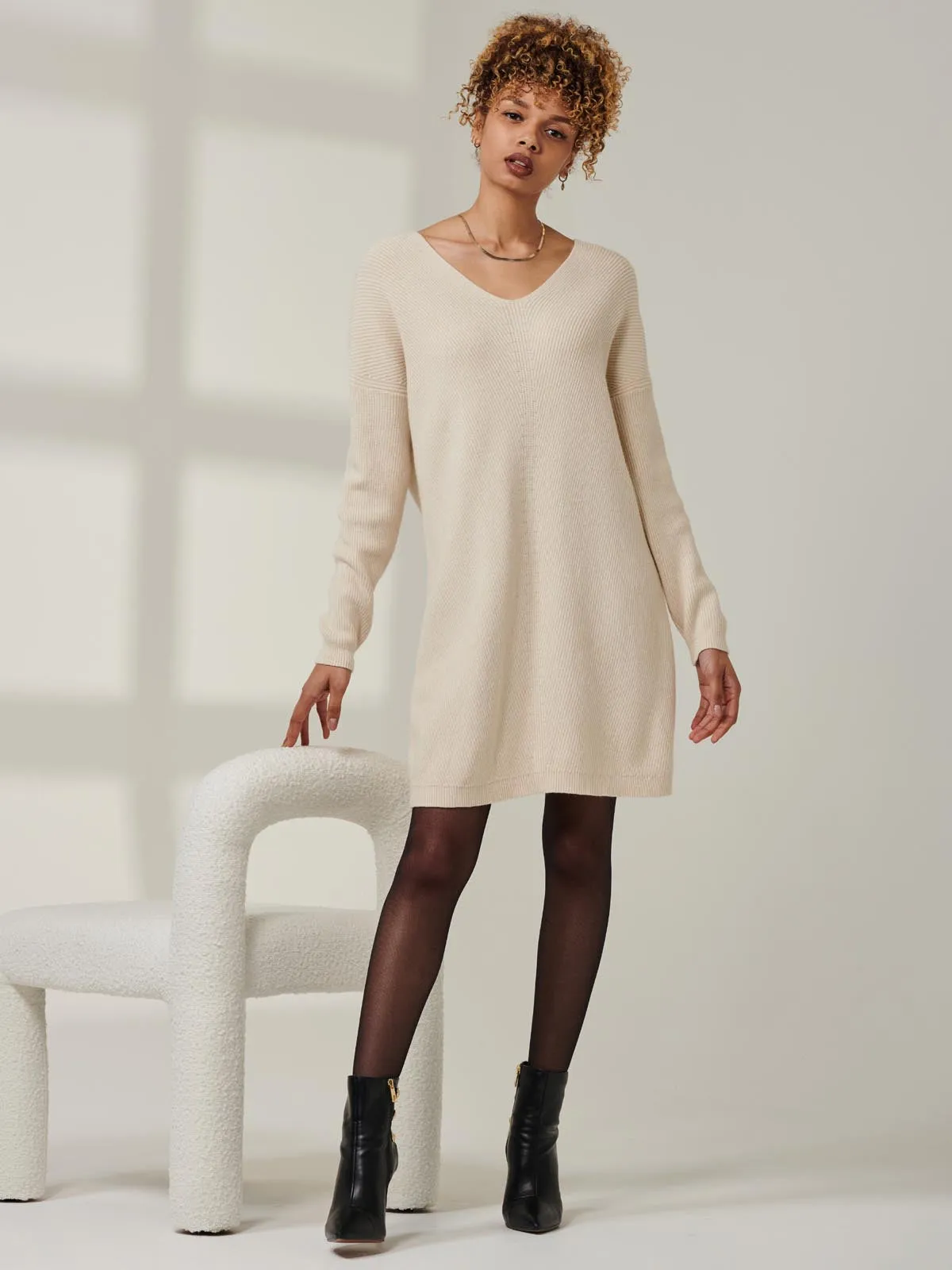 V-Neck Ribbed Knit Tunic Jumper, Beige Heather