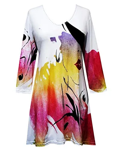 Valentina Signa - Abstract Vase, 3/4 Sleeve V-Neck Tunic Top Rhinestone Accents