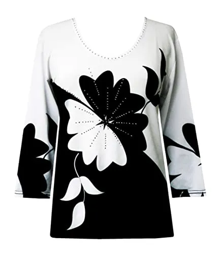 Valentina Signa - Black White Daisy, 3/4 Sleeve V-Neck Top Rhinestone Accents