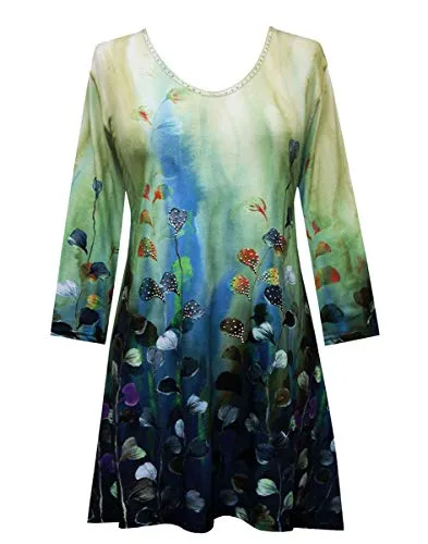 Valentina Signa - Petals Galore, 3/4 Sleeve V-Neck Tunic Top Rhinestone Highlights