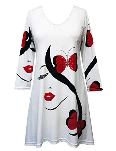 Valentina Signa - Red Butterfly, 3/4 Sleeve V-Neck Tunic Top Rhinestone Highlights