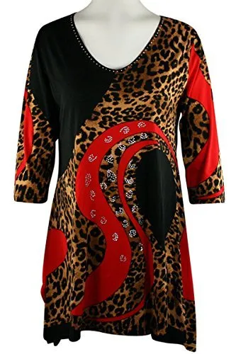 Valentina Signa - Rhinestone Leopard, 3/4 Slv V-Neck Tunic Rhinestone Accents