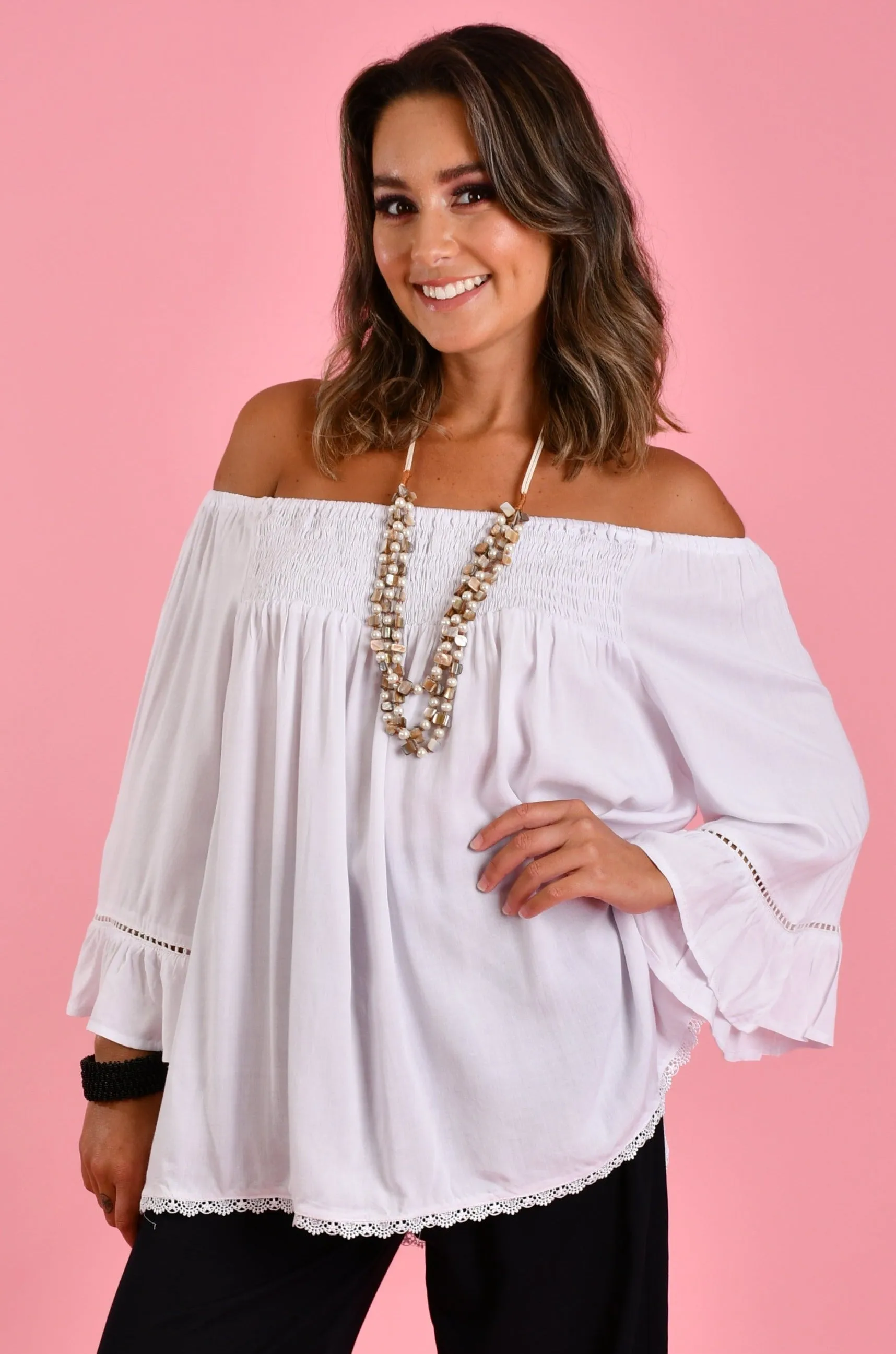 VBLT113 - ROUCHED BELL SLEEVE TOP - WHITE