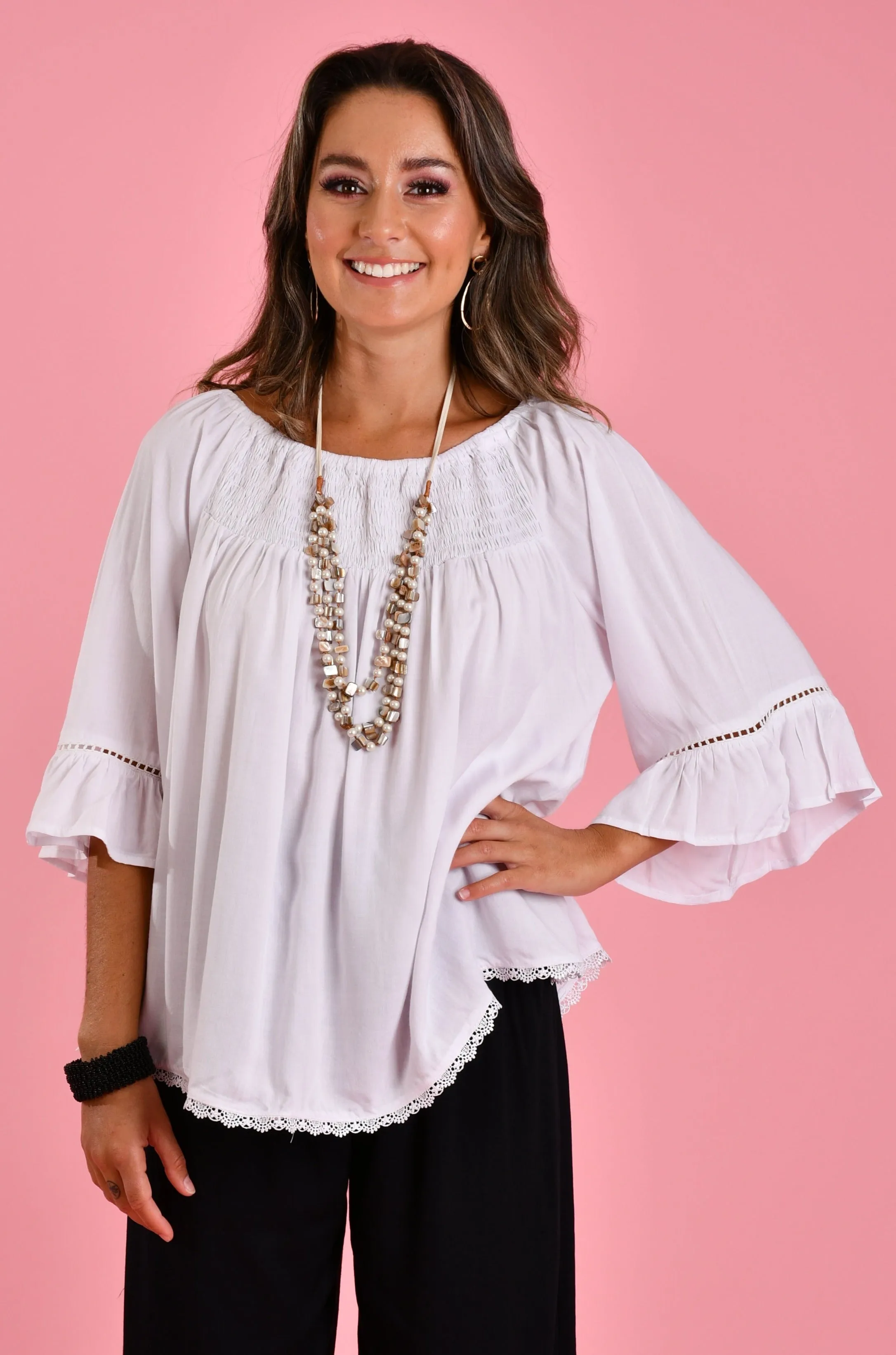 VBLT113 - ROUCHED BELL SLEEVE TOP - WHITE