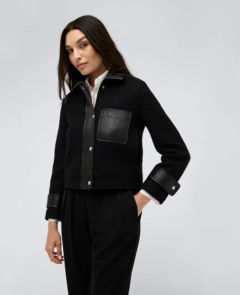 Vegan Leather And Wool Cropped Moto Jacket