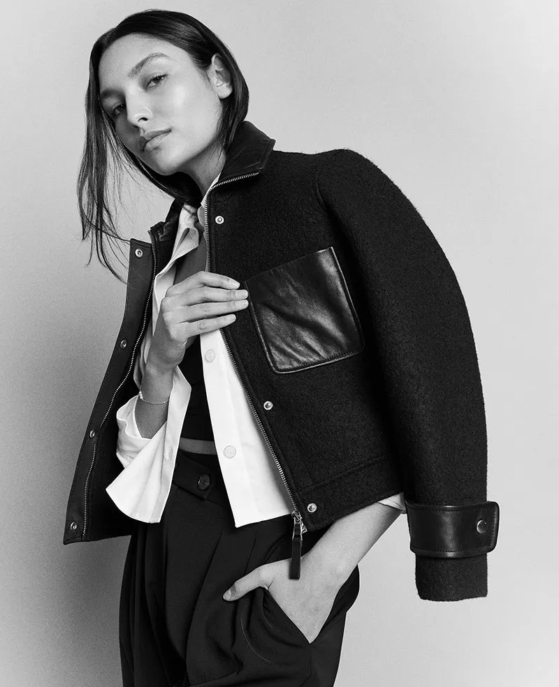 Vegan Leather And Wool Cropped Moto Jacket