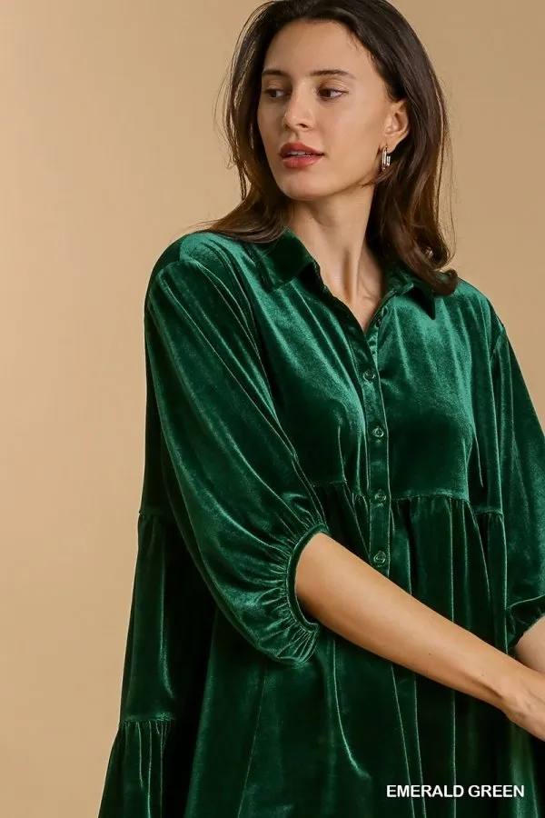 Velvet 3/4 sleeve button down tunic dress with tiered back and high-low hem