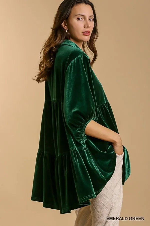 Velvet 3/4 sleeve button down tunic dress with tiered back and high-low hem