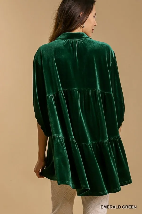 Velvet 3/4 sleeve button down tunic dress with tiered back and high-low hem