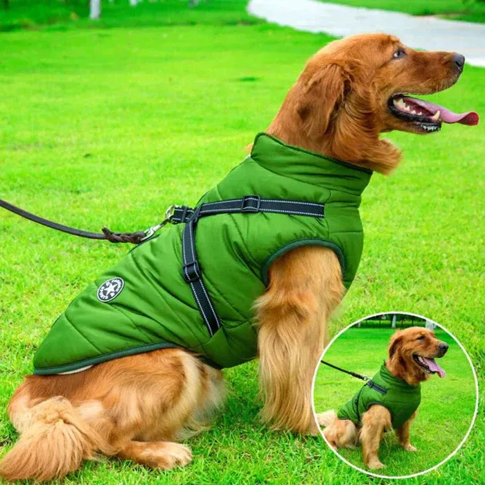 Waterproof Winter Dog Jacket - Sherpa-Fleece Lined - Built-in Harness