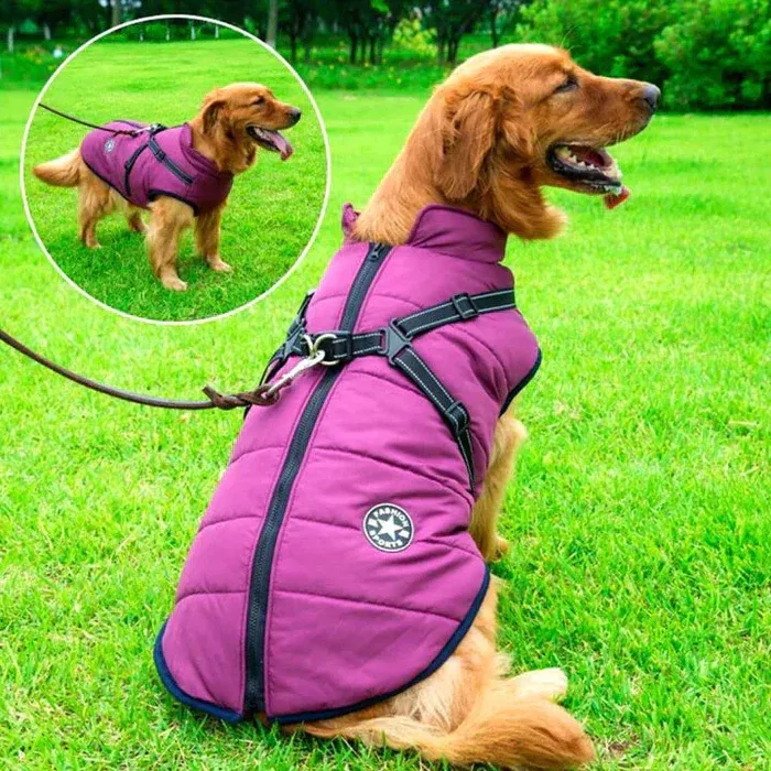 Waterproof Winter Dog Jacket - Sherpa-Fleece Lined - Built-in Harness