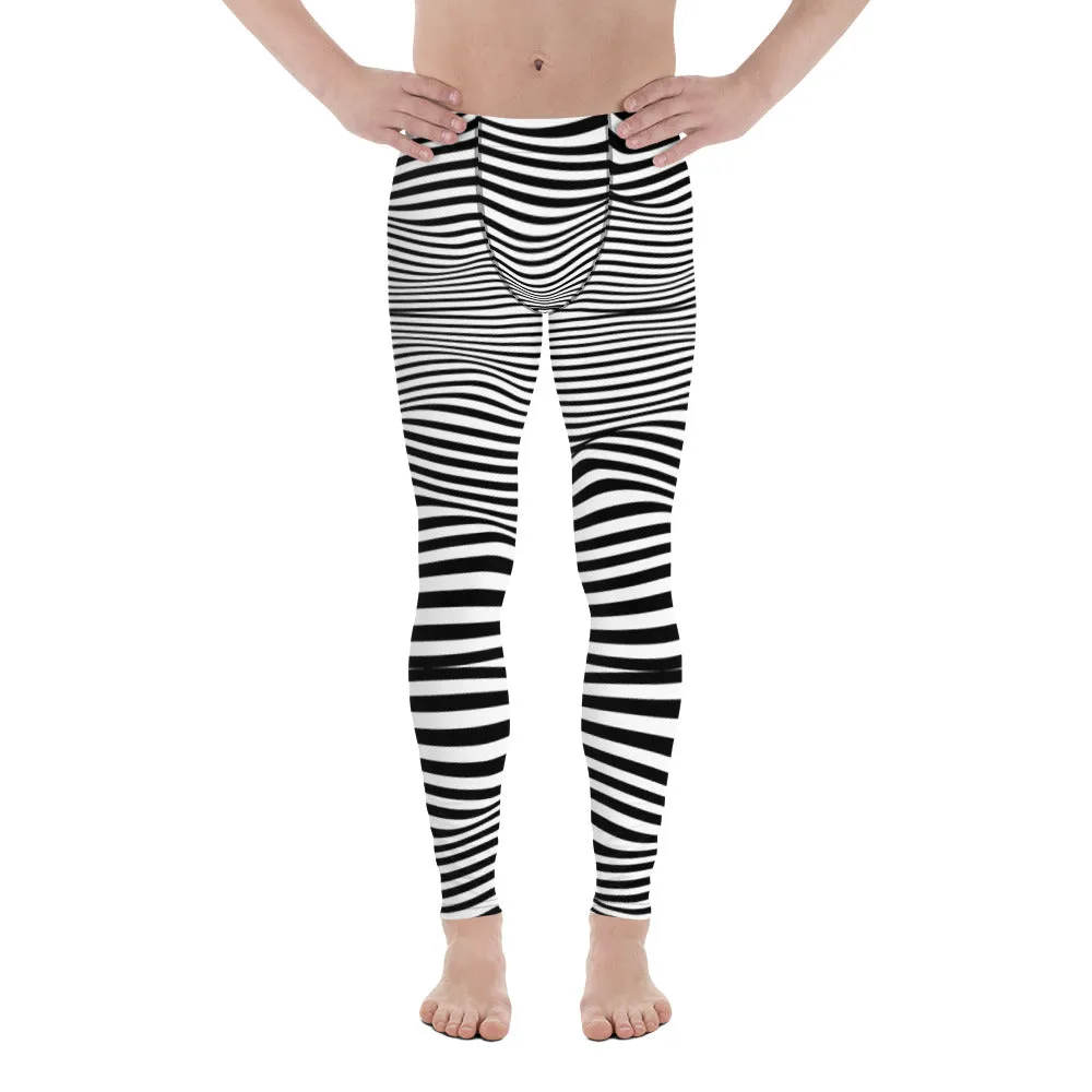 White Black Meshed Men's Leggings, Striped Premium Meggings Compression Running Tights-Made in USA/EU/MX