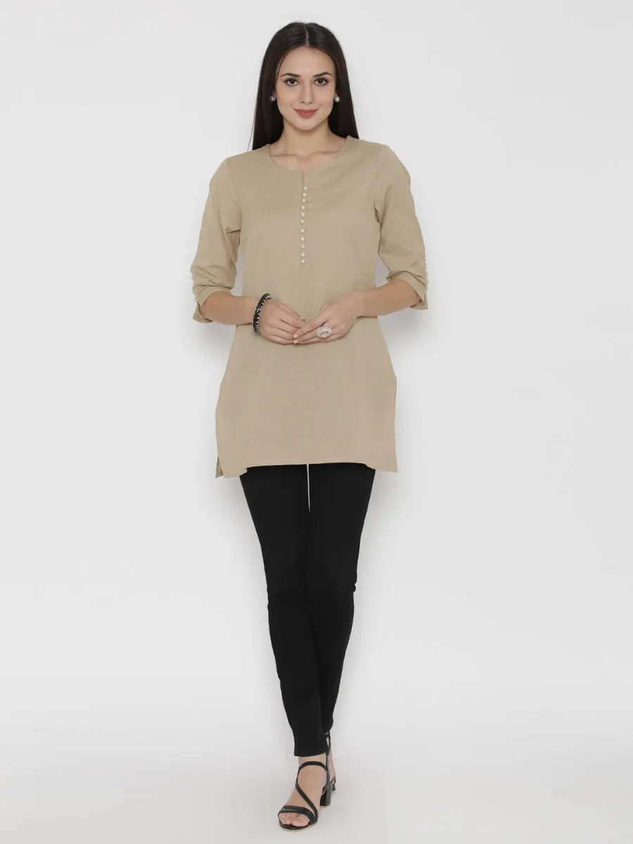 Women Beige Round Neck Solid Tunic