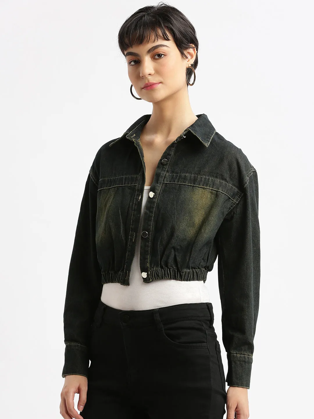 Women Black Crop Denim Jacket