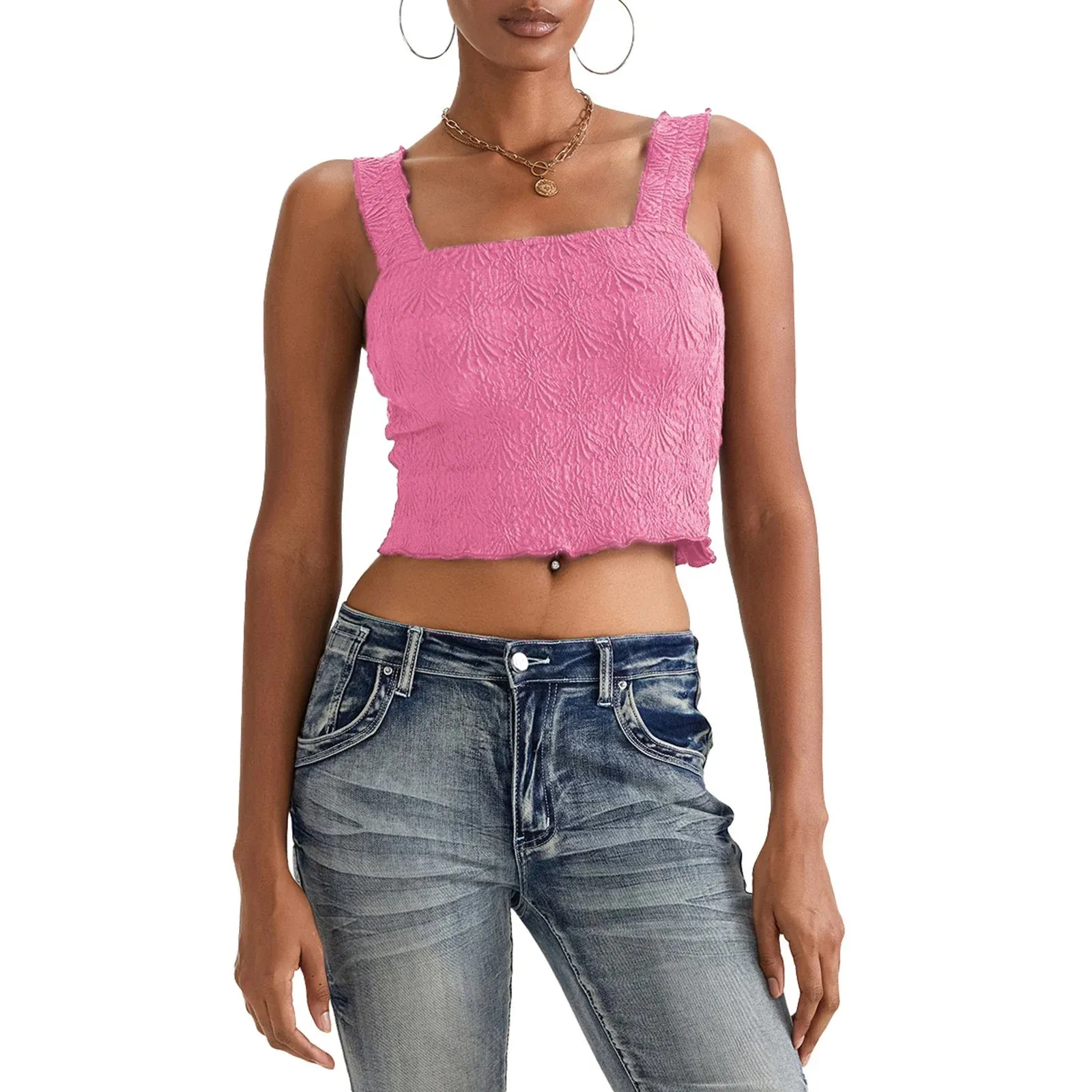 Women Solid Color Sleeveless Square Neck Slim Fit Textured Summer Streetwear Tank Y2k Top