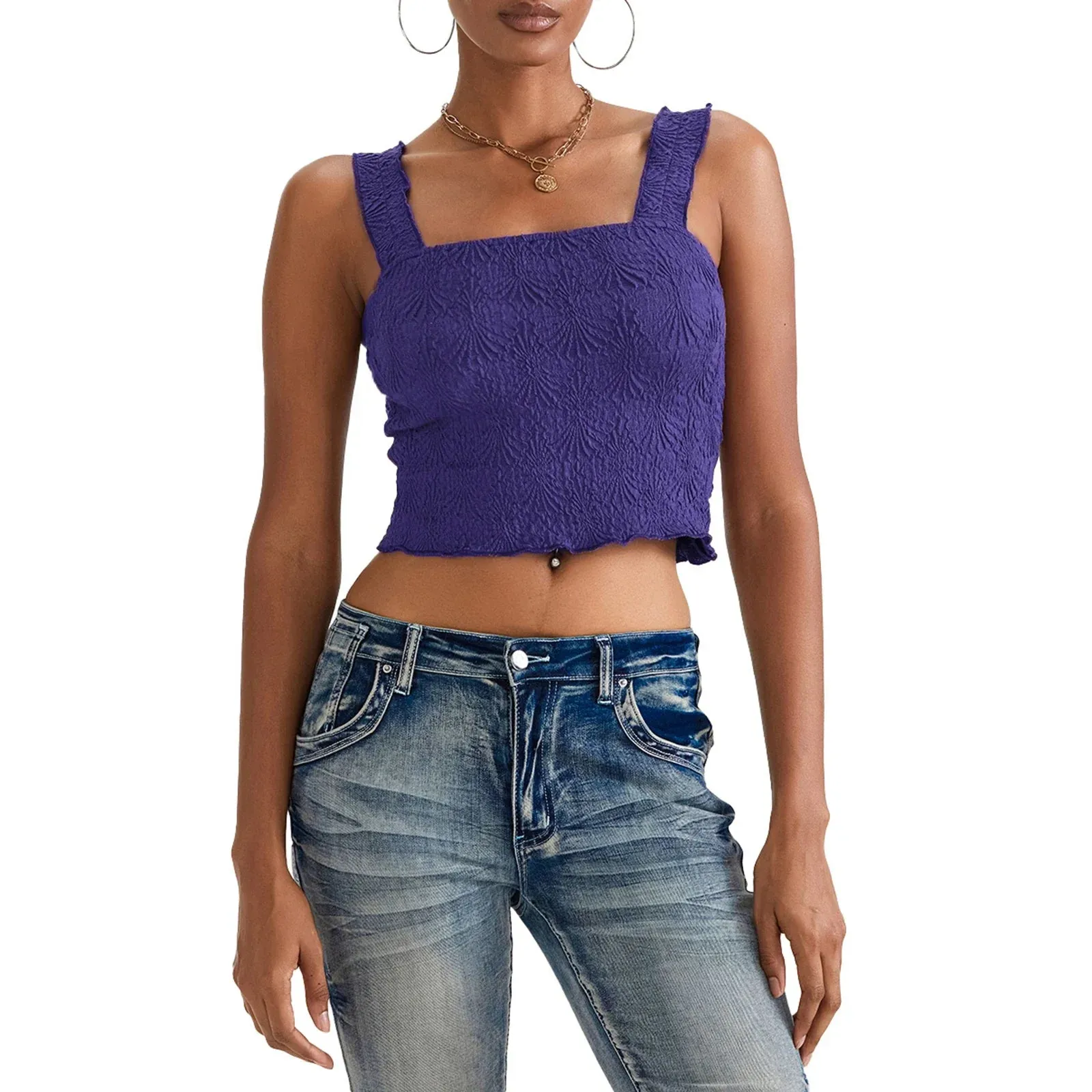 Women Solid Color Sleeveless Square Neck Slim Fit Textured Summer Streetwear Tank Y2k Top