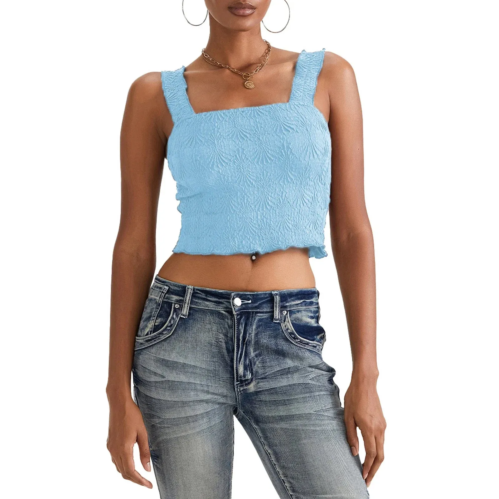 Women Solid Color Sleeveless Square Neck Slim Fit Textured Summer Streetwear Tank Y2k Top