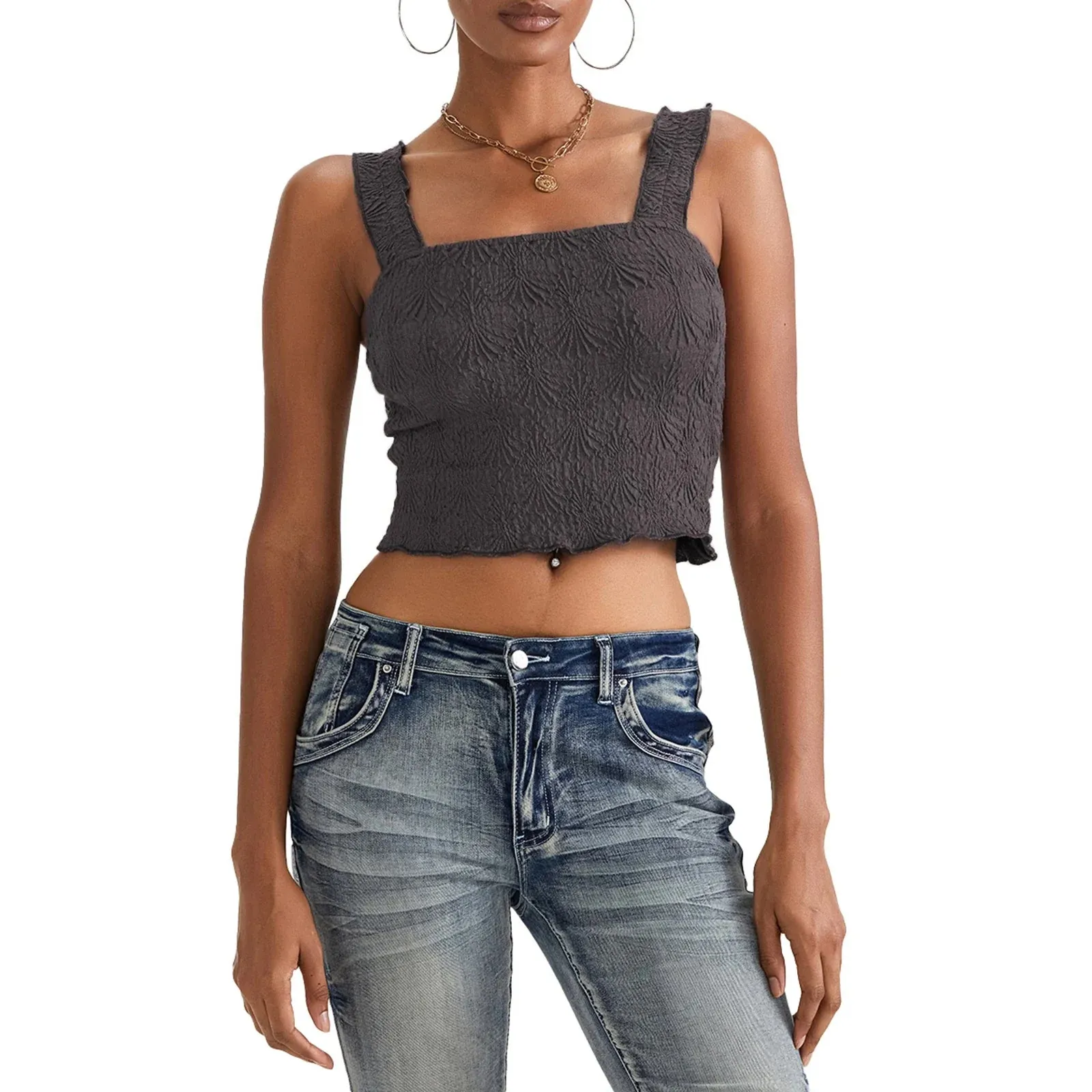 Women Solid Color Sleeveless Square Neck Slim Fit Textured Summer Streetwear Tank Y2k Top