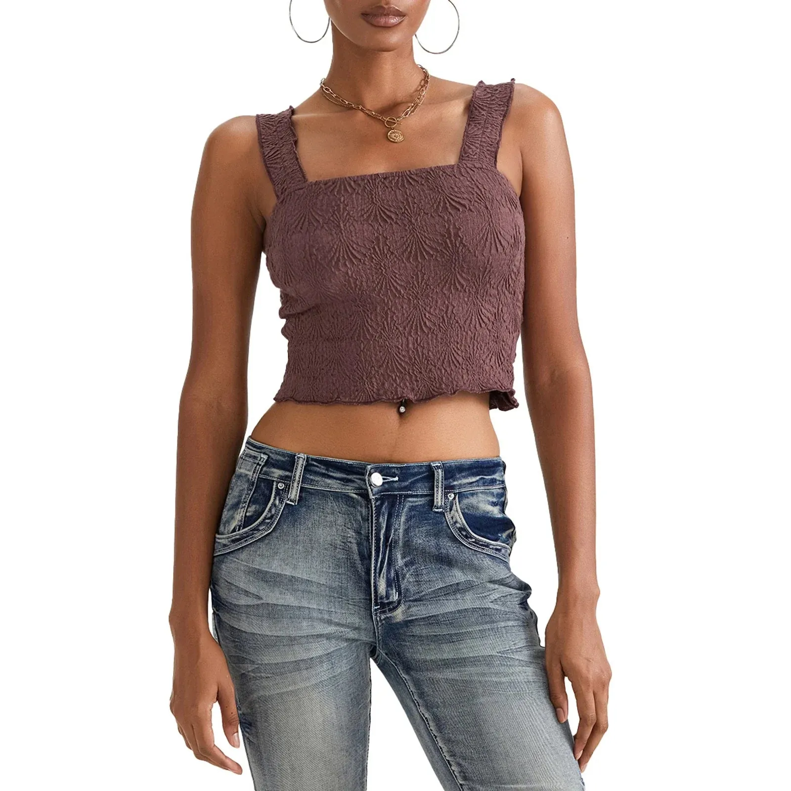 Women Solid Color Sleeveless Square Neck Slim Fit Textured Summer Streetwear Tank Y2k Top