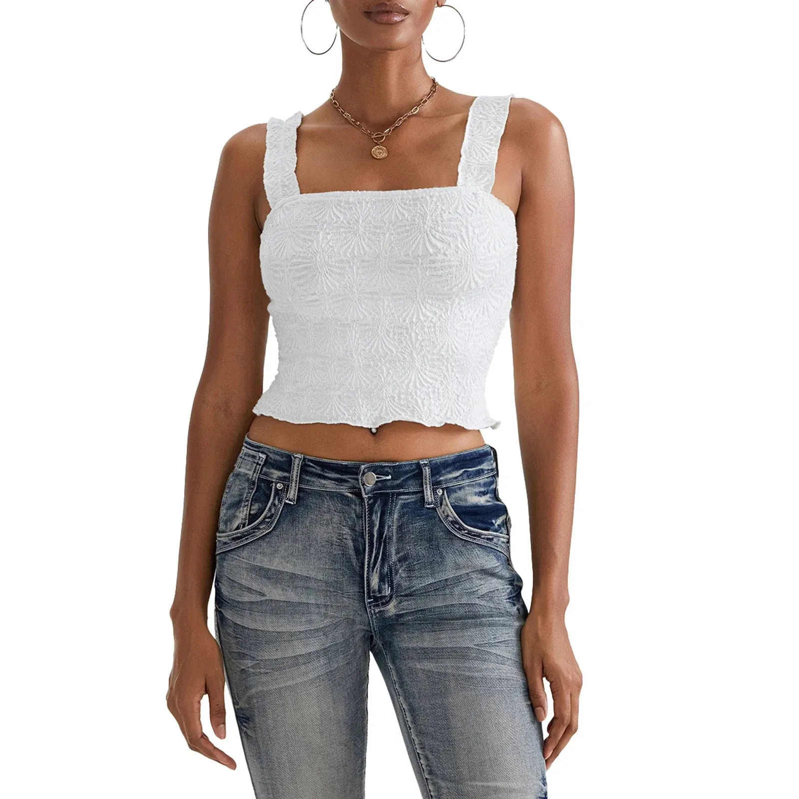 Women Solid Color Sleeveless Square Neck Slim Fit Textured Summer Streetwear Tank Y2k Top