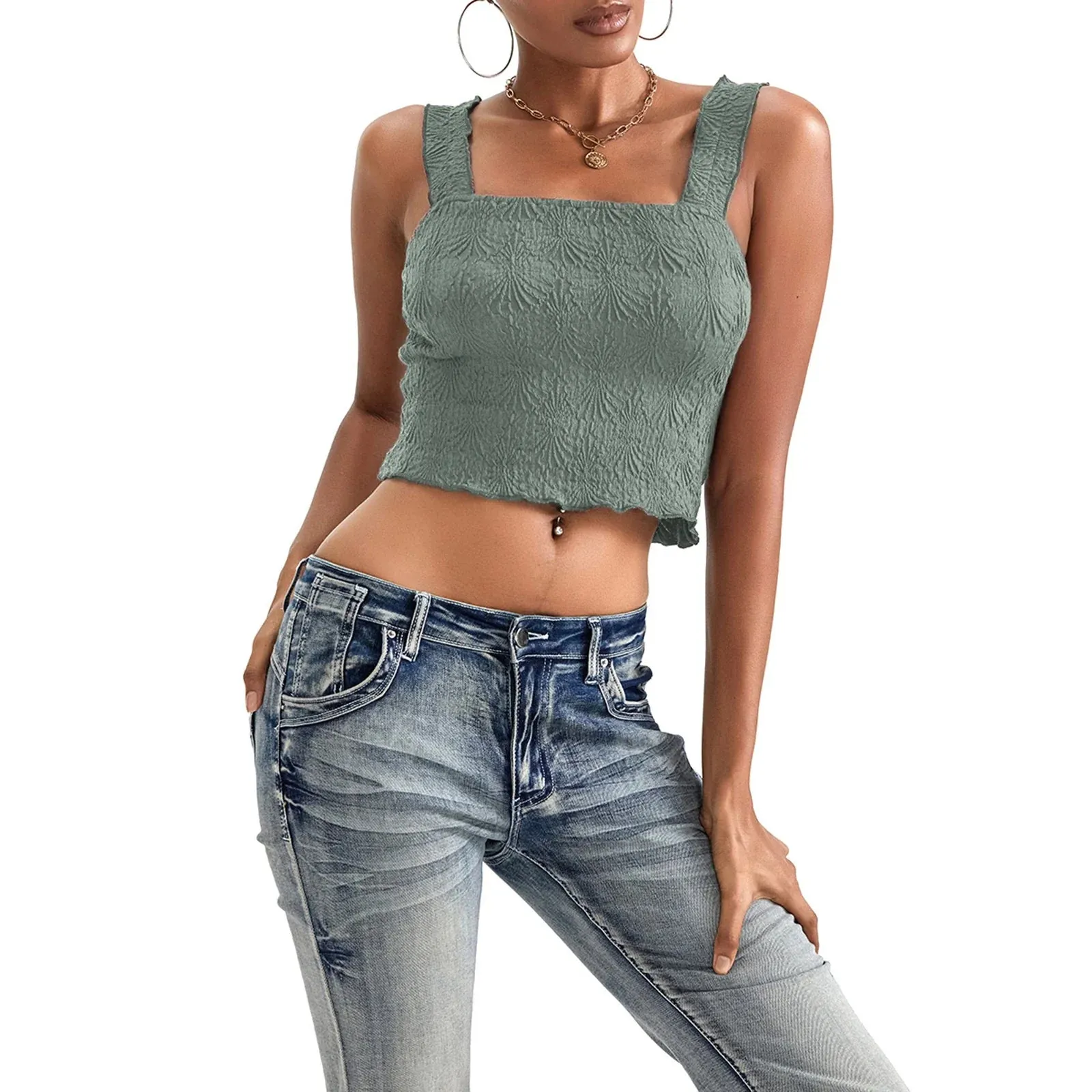 Women Solid Color Sleeveless Square Neck Slim Fit Textured Summer Streetwear Tank Y2k Top