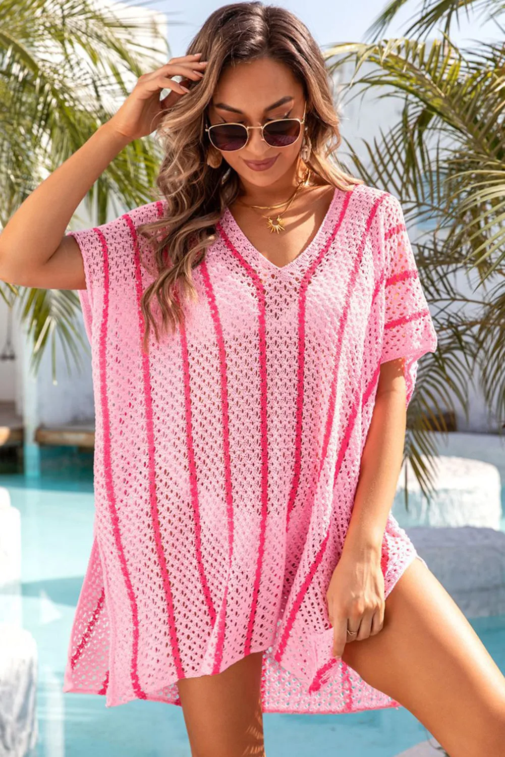 Women Striped Crochet Loose Fit V Neck Beach Cover Up