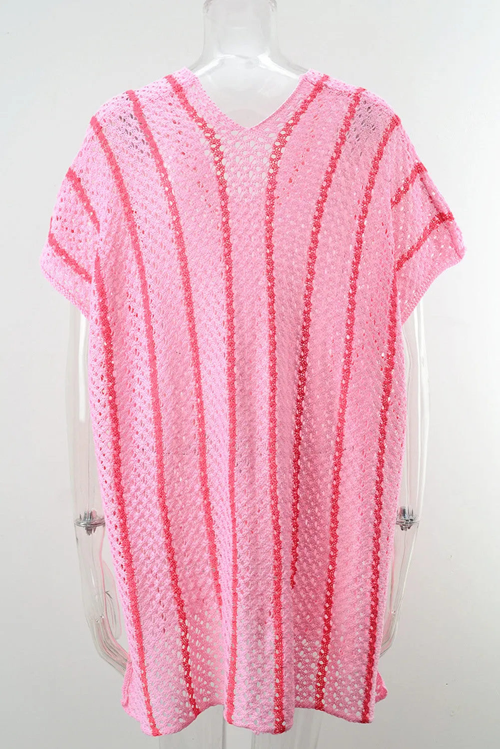 Women Striped Crochet Loose Fit V Neck Beach Cover Up