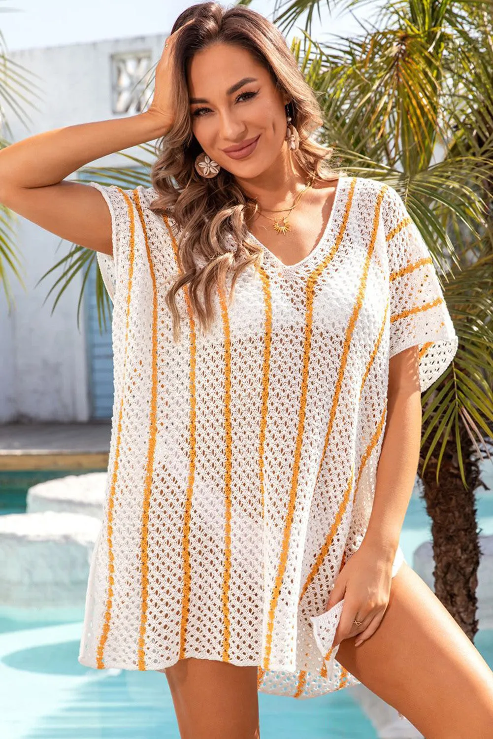 Women Striped Crochet Loose Fit V Neck Beach Cover Up