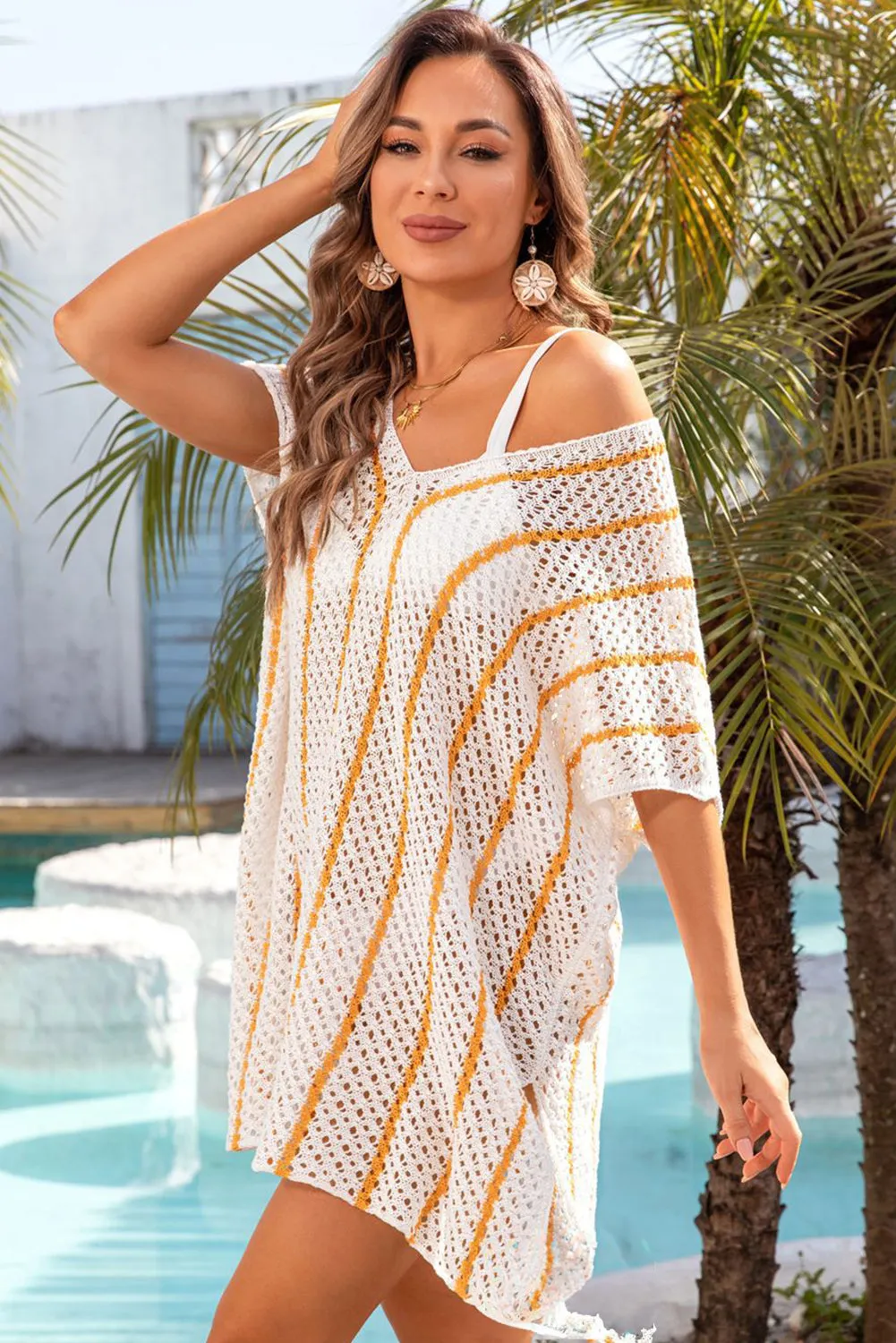 Women Striped Crochet Loose Fit V Neck Beach Cover Up