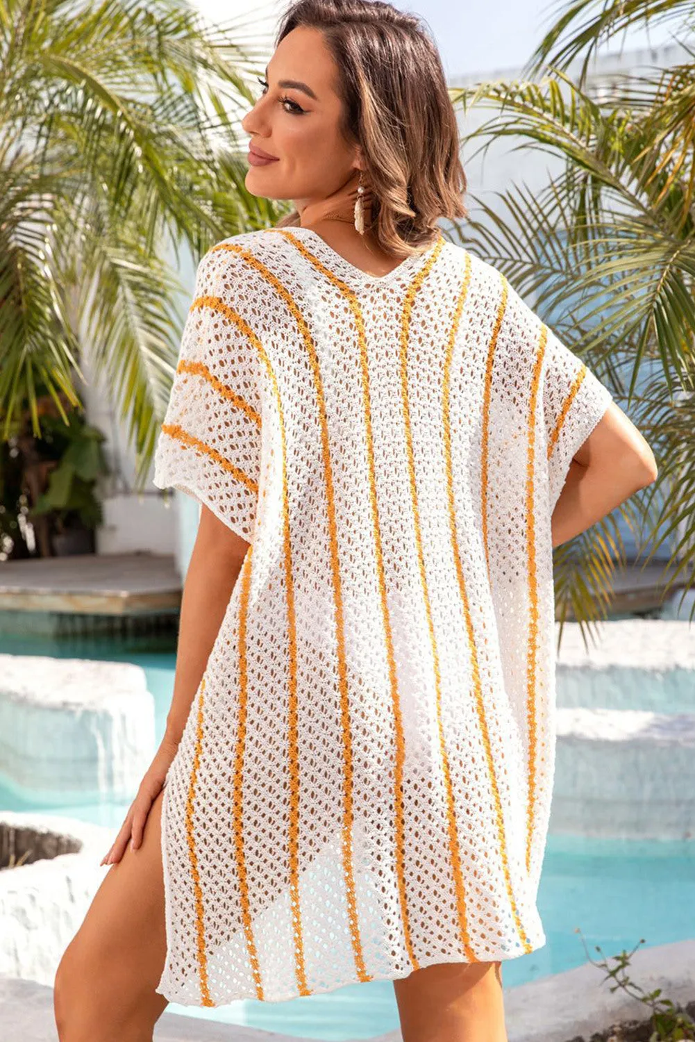 Women Striped Crochet Loose Fit V Neck Beach Cover Up