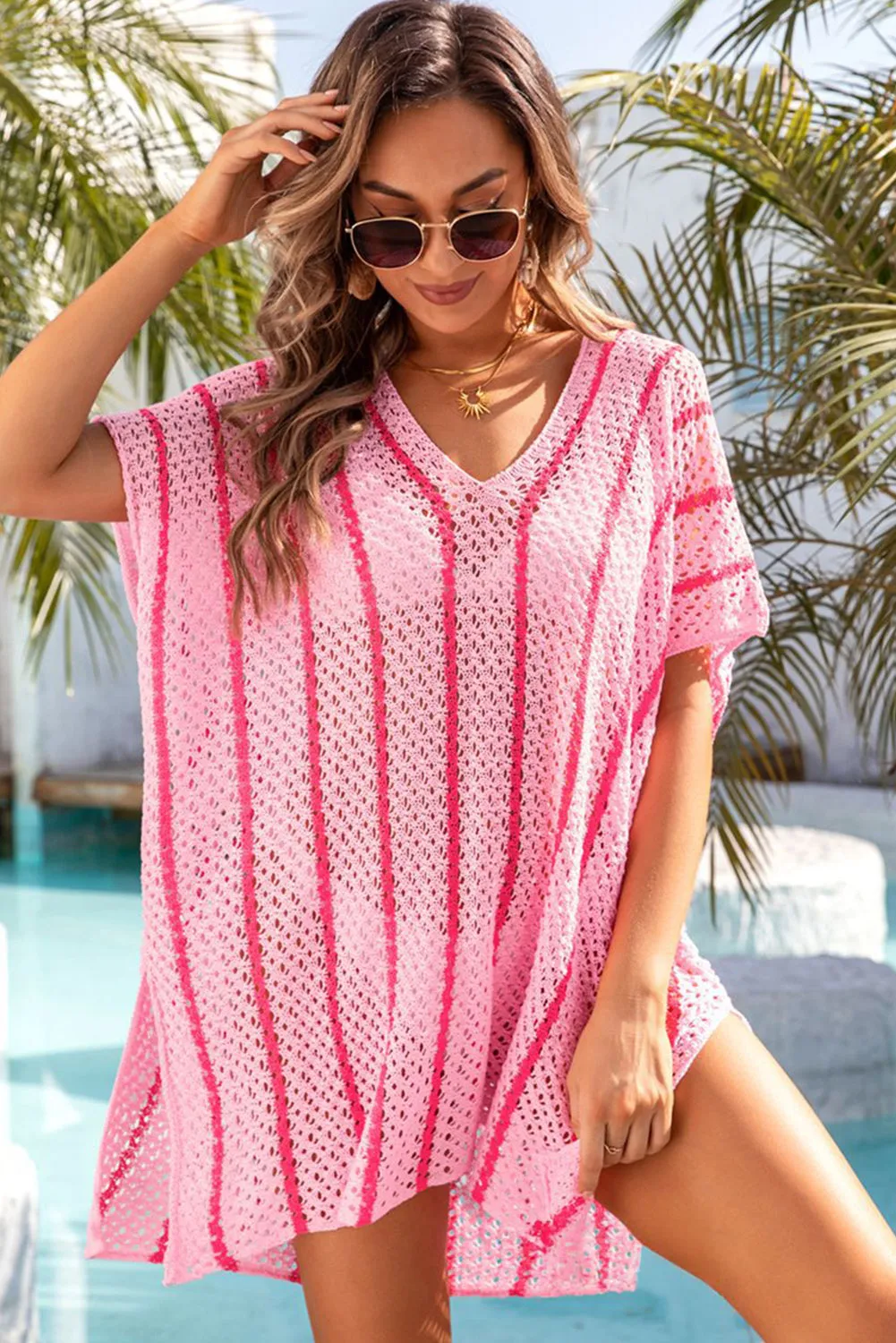 Women Striped Crochet Loose Fit V Neck Beach Cover Up