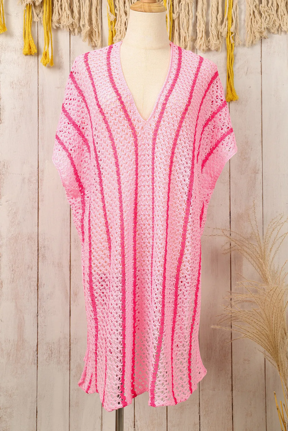 Women Striped Crochet Loose Fit V Neck Beach Cover Up