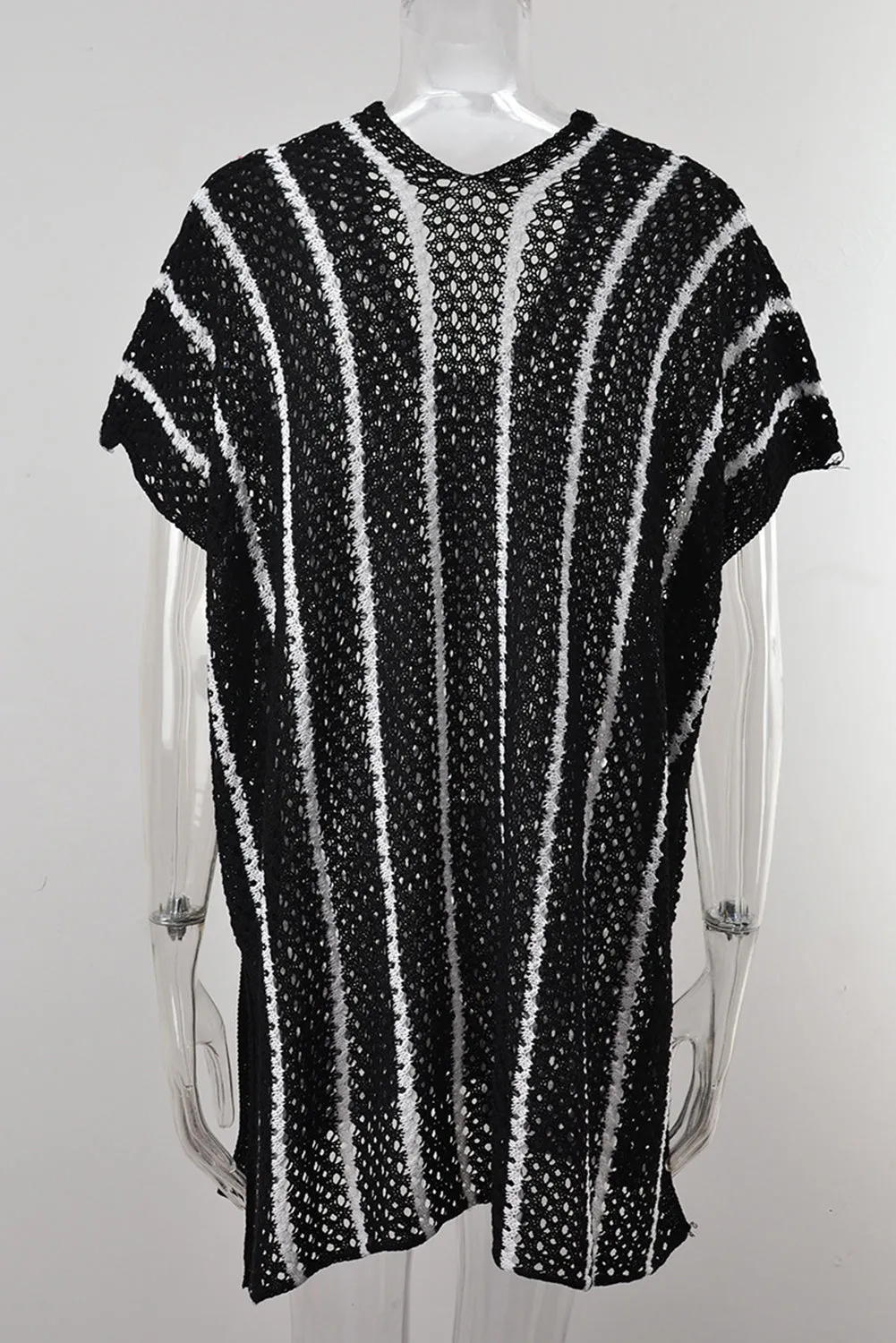 Women Striped Crochet Loose Fit V Neck Beach Cover Up