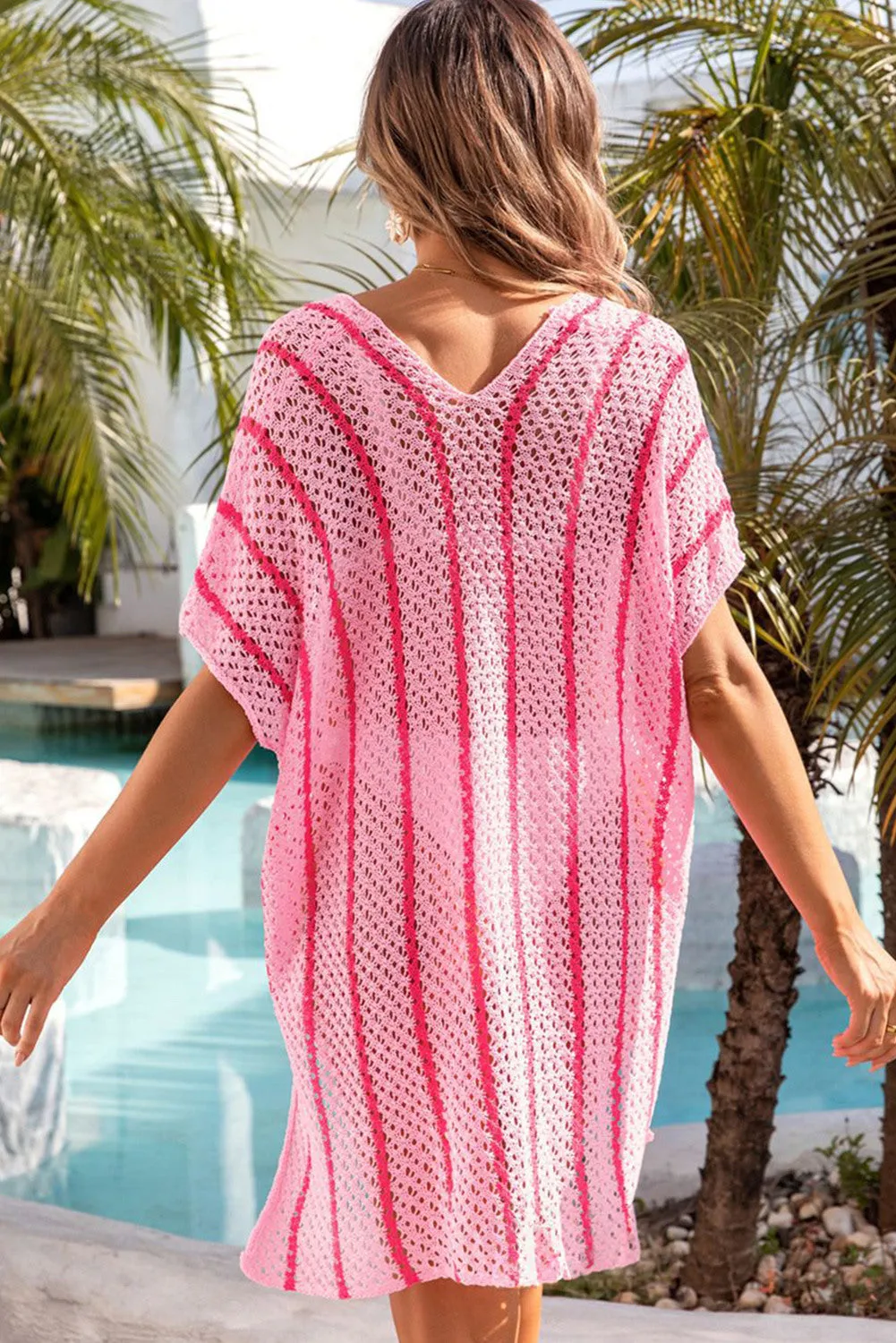 Women Striped Crochet Loose Fit V Neck Beach Cover Up