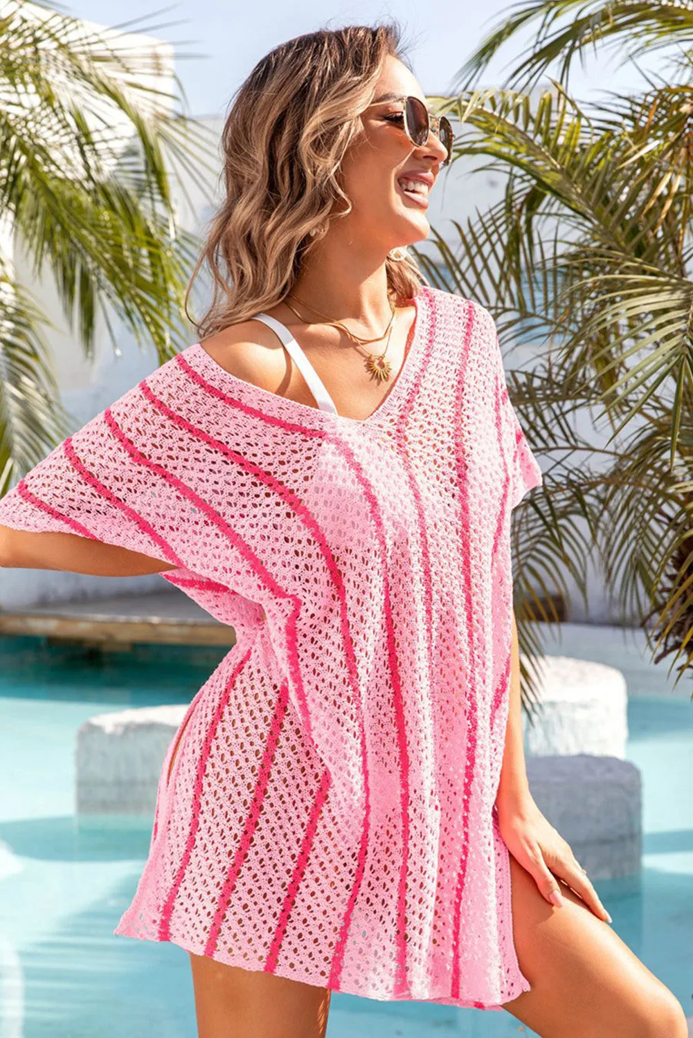 Women Striped Crochet Loose Fit V Neck Beach Cover Up