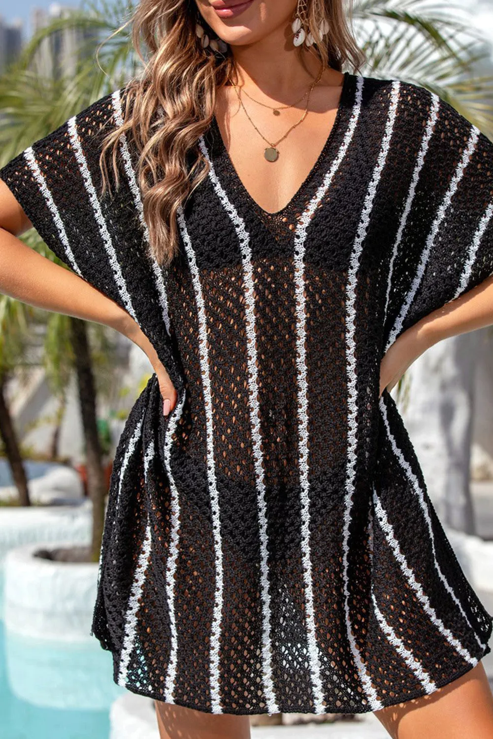 Women Striped Crochet Loose Fit V Neck Beach Cover Up