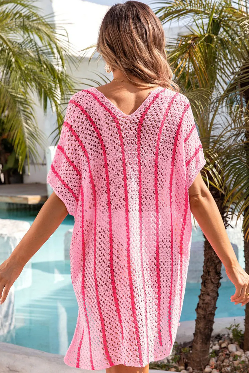 Women Striped Crochet Loose Fit V Neck Beach Cover Up