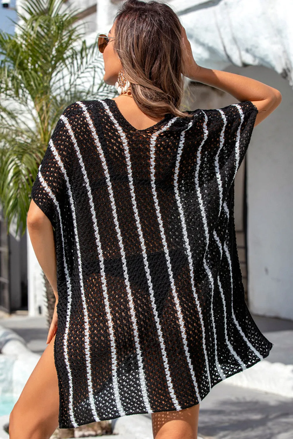 Women Striped Crochet Loose Fit V Neck Beach Cover Up