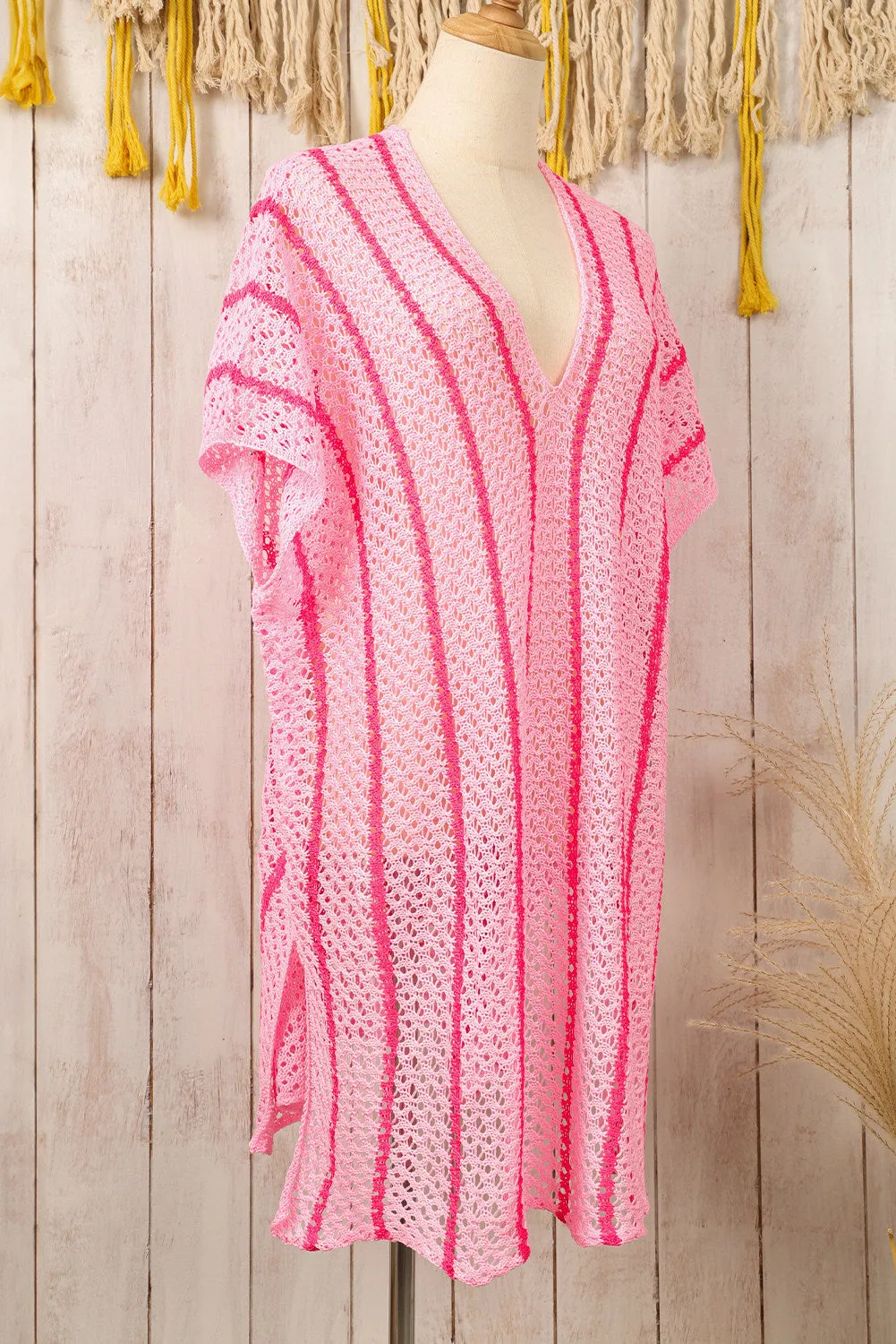 Women Striped Crochet Loose Fit V Neck Beach Cover Up