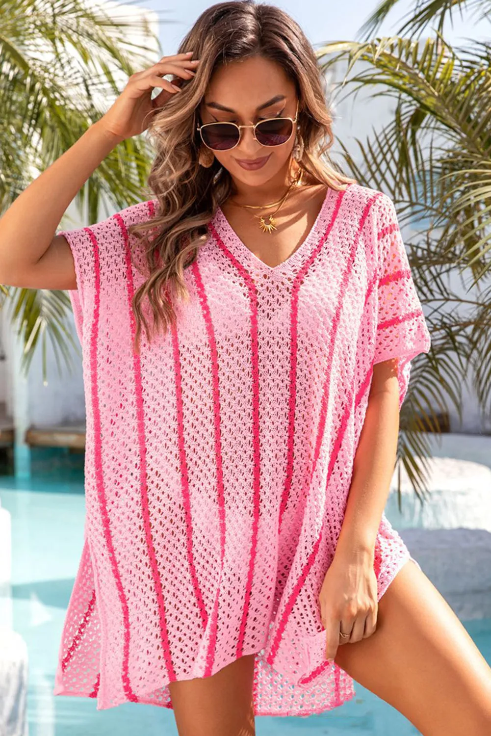 Women Striped Crochet Loose Fit V Neck Beach Cover Up