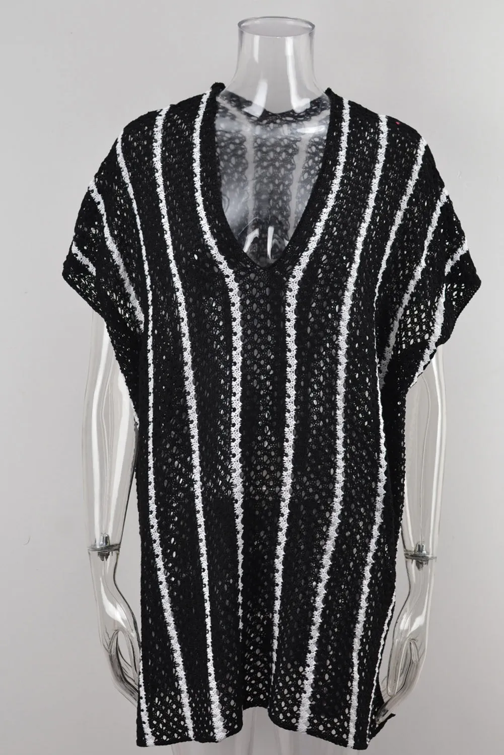 Women Striped Crochet Loose Fit V Neck Beach Cover Up