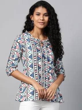 Women White & Blue Printed Tunic