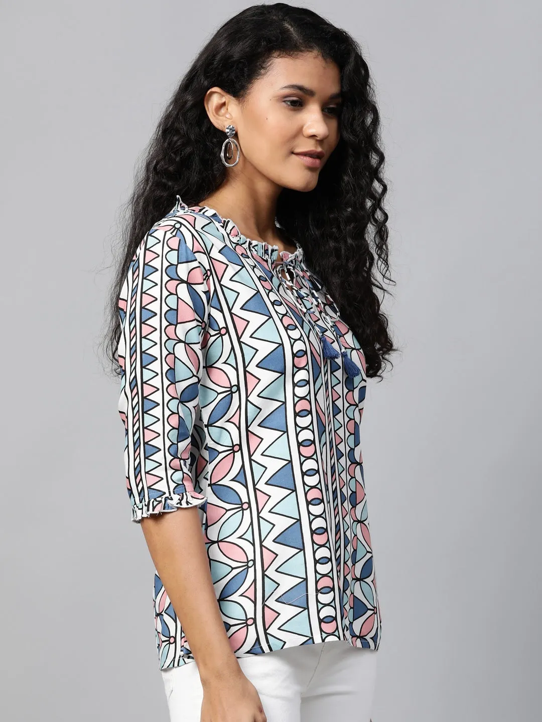 Women White & Blue Printed Tunic