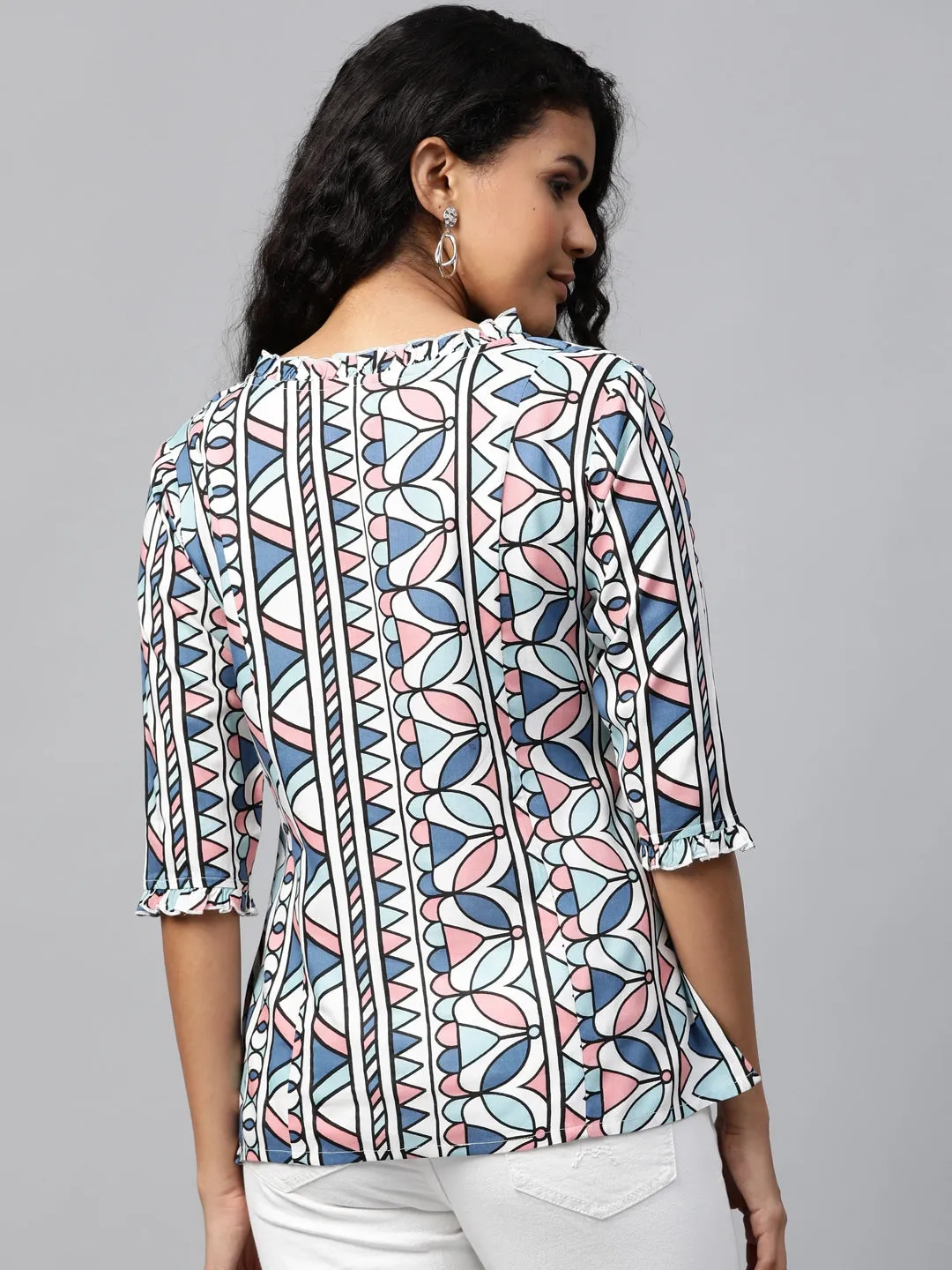 Women White & Blue Printed Tunic