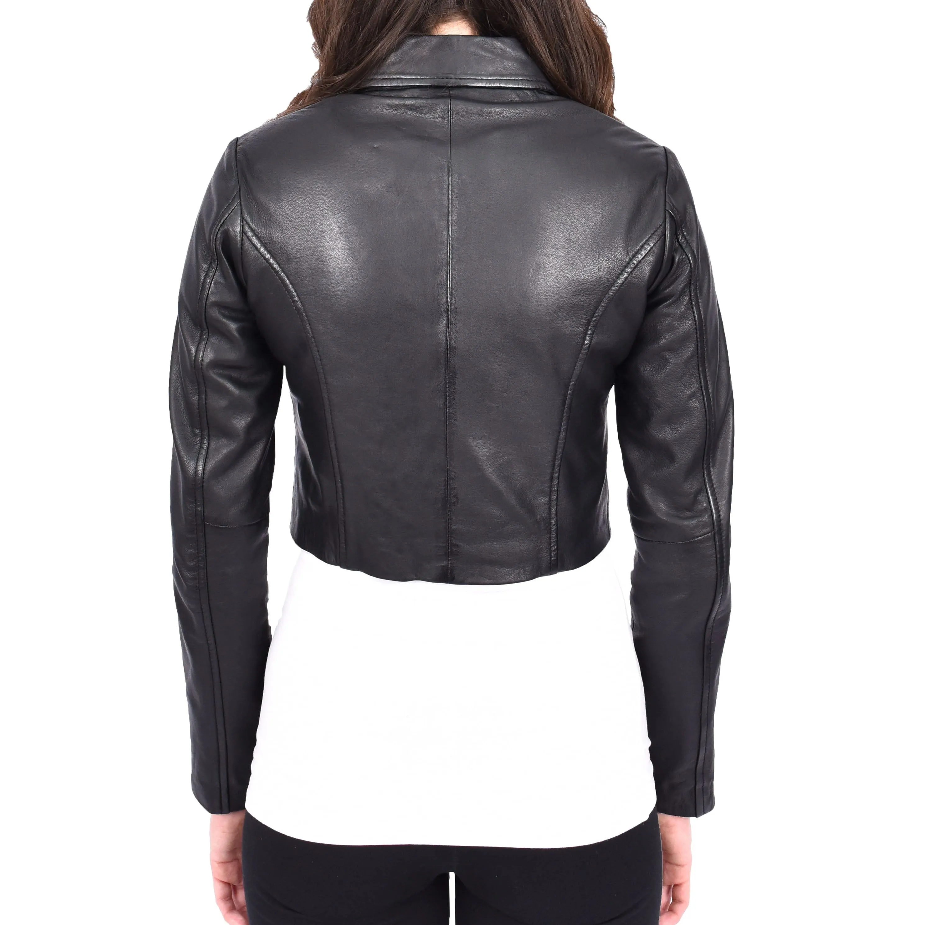 Womens Black Cropped Leather Bolero Jacket Slim Fit Zip Fasten Bustier Chiquita